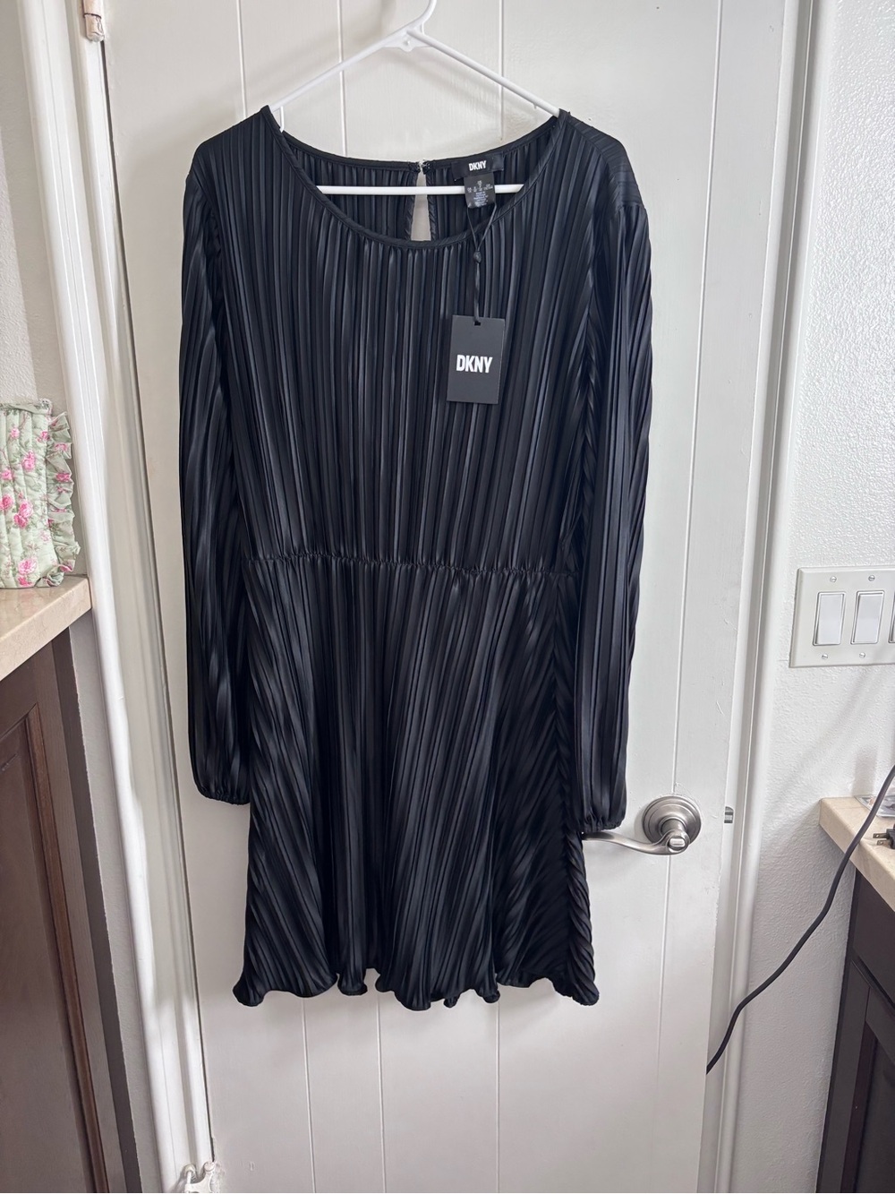 DKNY Black Pleated Long-Sleeve Dress
